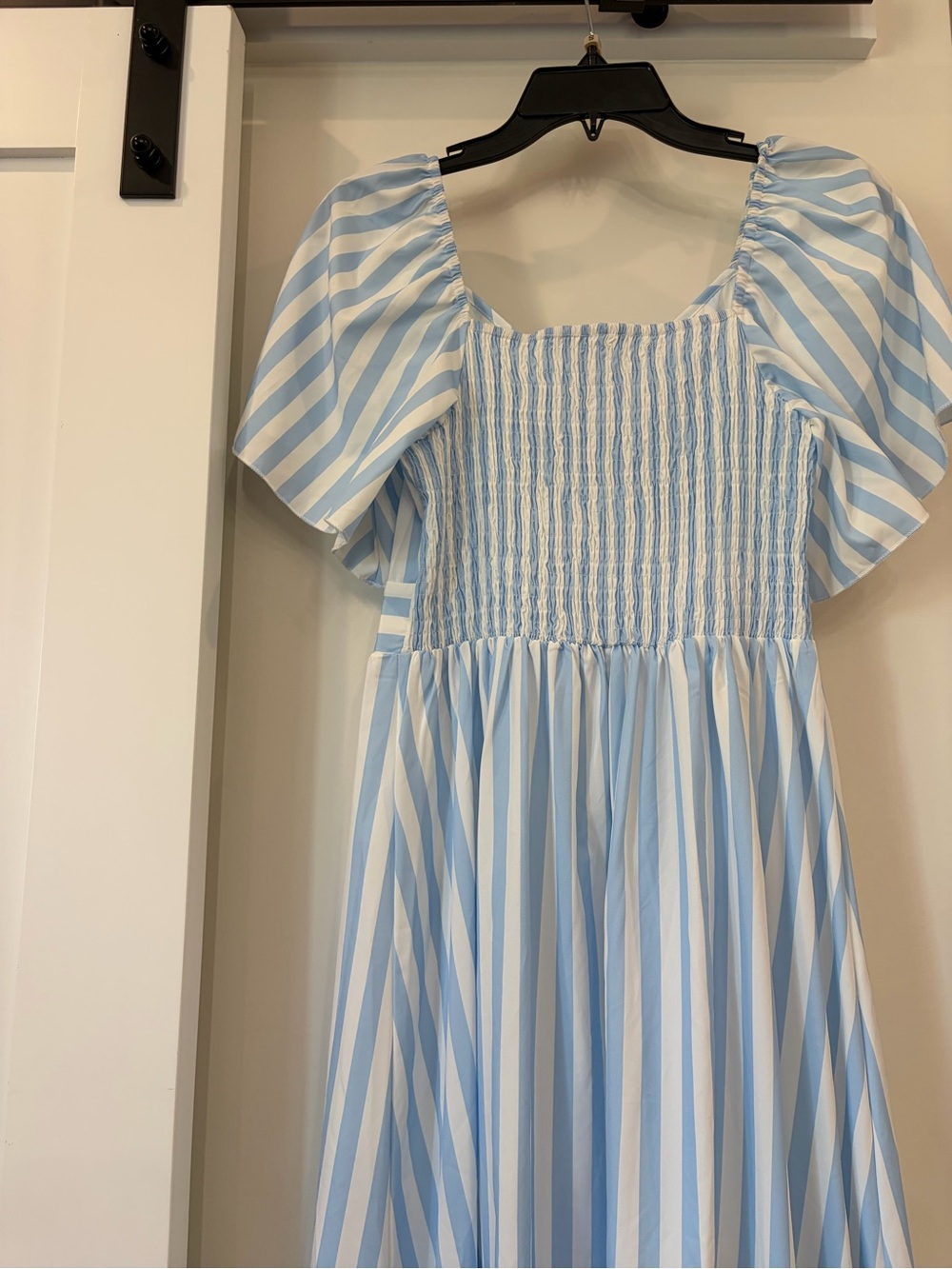 Smocked Puff Sleeve Blue & White Striped Kids Dress